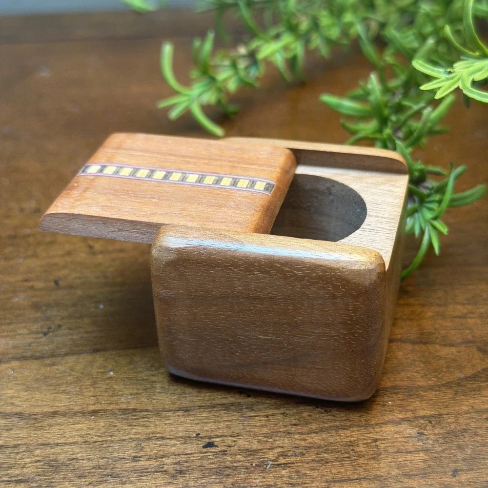 Vintage Wooden Trinket Box Sliding Lid Inlay Design Small Jewelry Stash Holder
